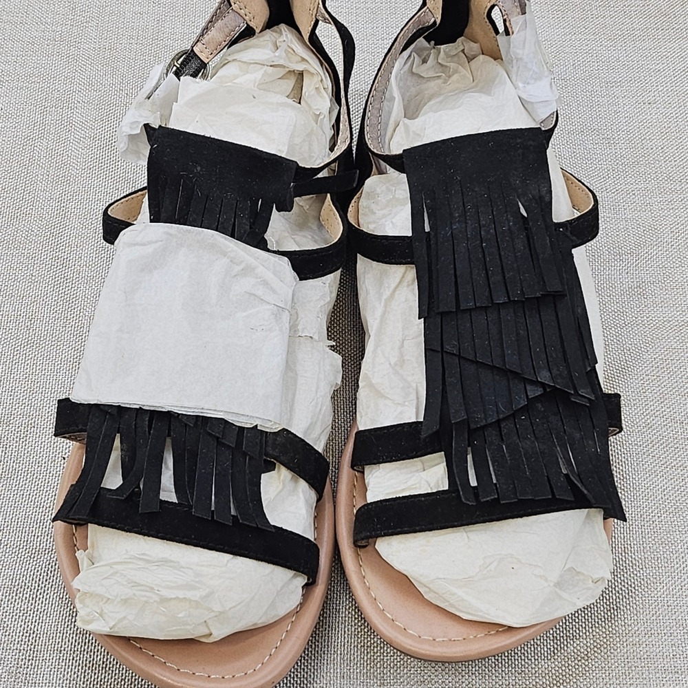 Revel‎ Gladiator Sandals Black Suede Fringe Zip Up Flat Women Size 6